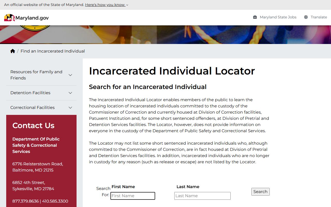 Maryland DPSCS Incarcerated Individual Locator page