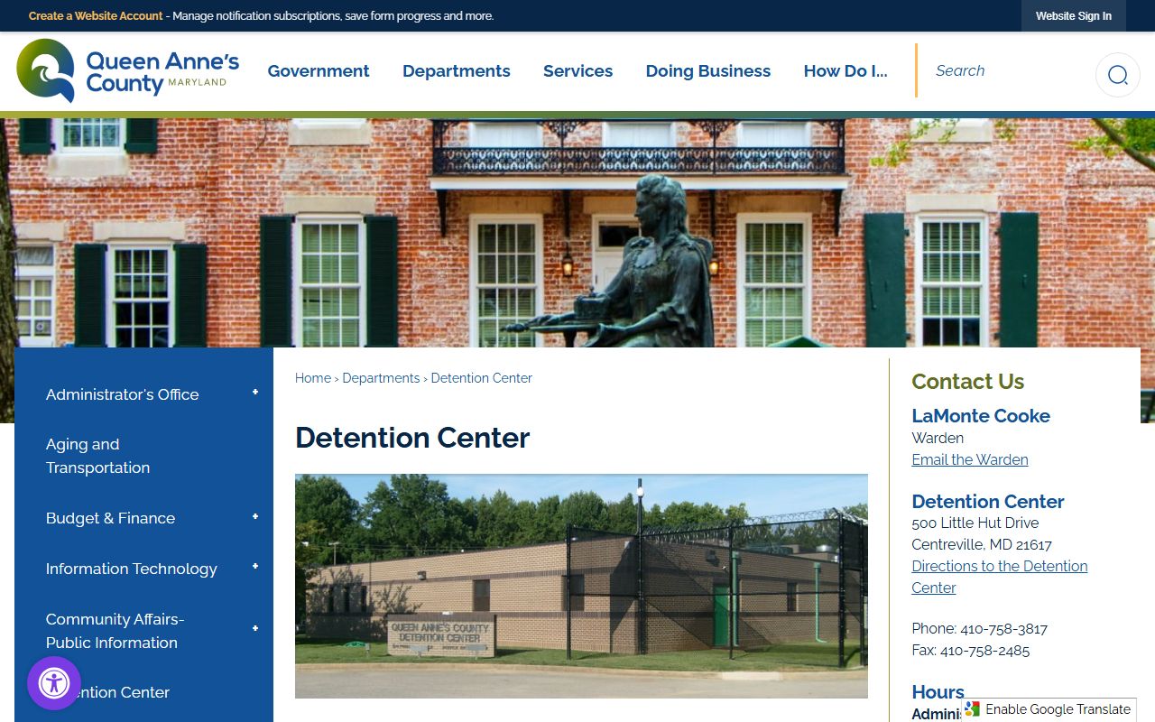 Queen Anne's County Detention Center inmate population source page