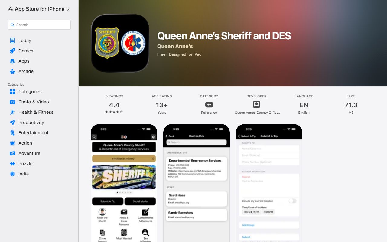 Queen Anne's Sheriff and DES app listing with inmate search feature