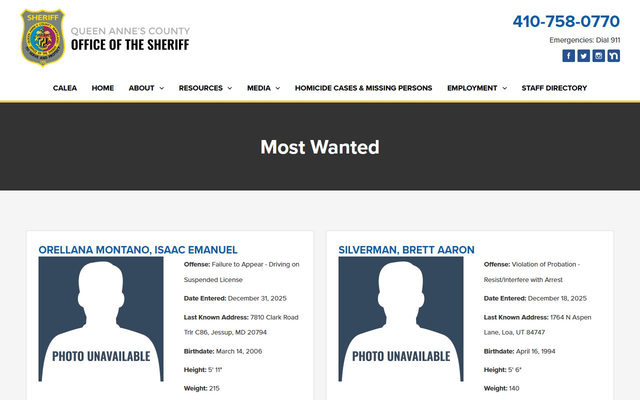 Queen Anne's County Sheriff Most Wanted page showing public wanted-person listing format