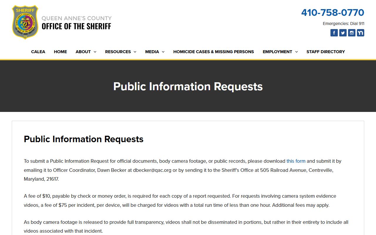 Queen Anne's County Sheriff public information request page with records request instructions