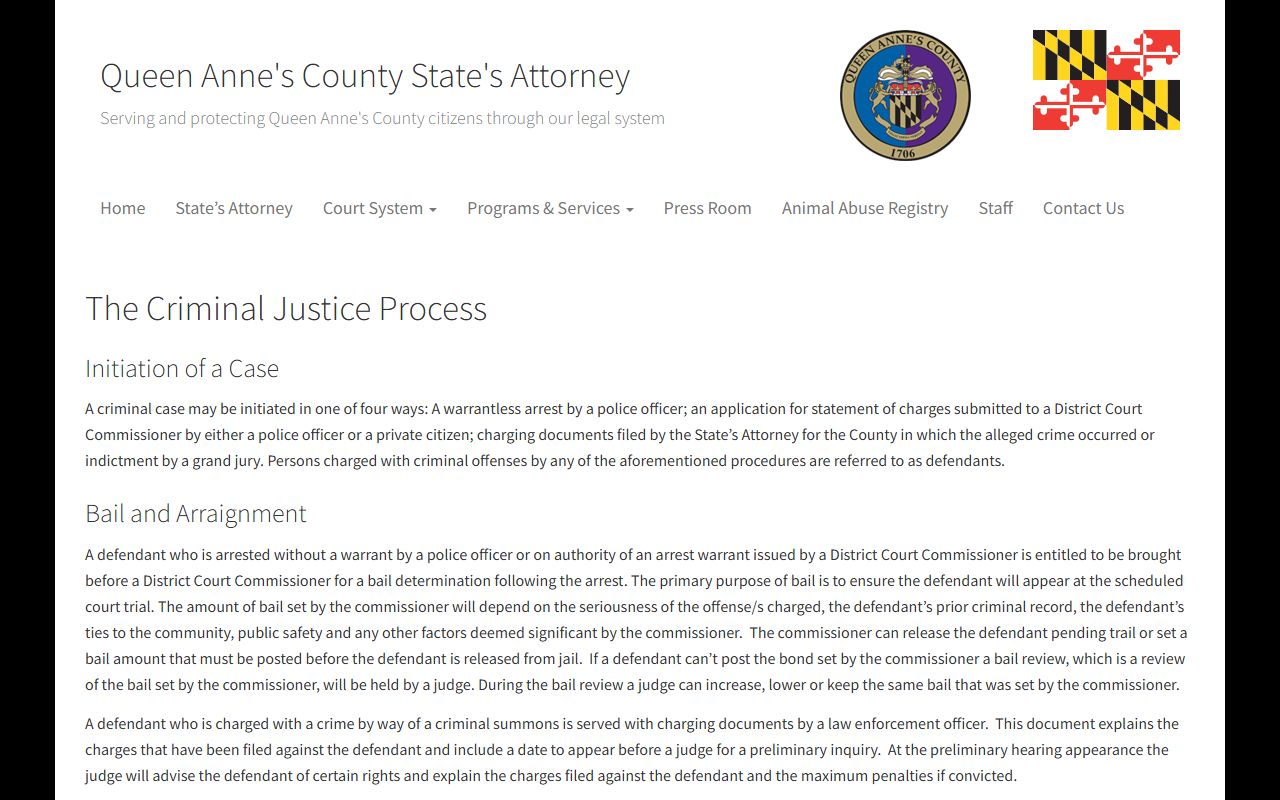Queen Anne's County State's Attorney criminal justice process page