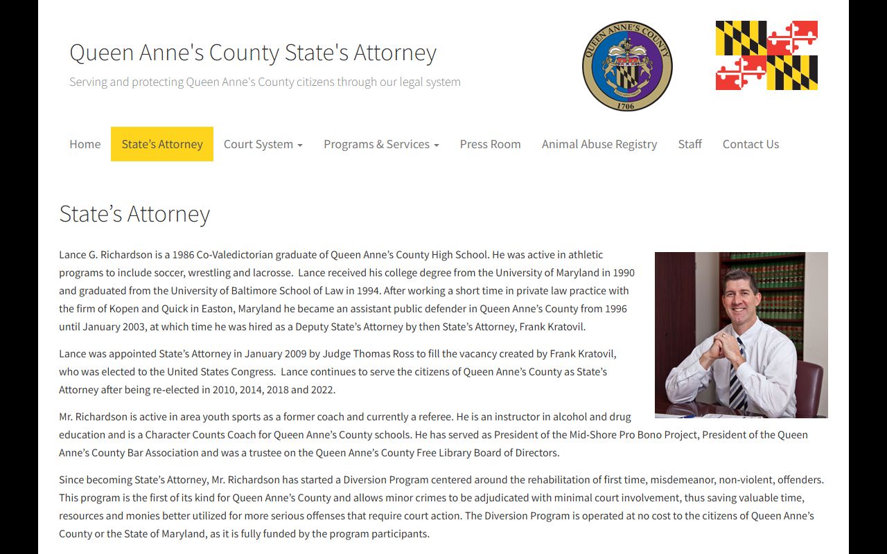 Queen Anne's County State's Attorney Lance Richardson biography page